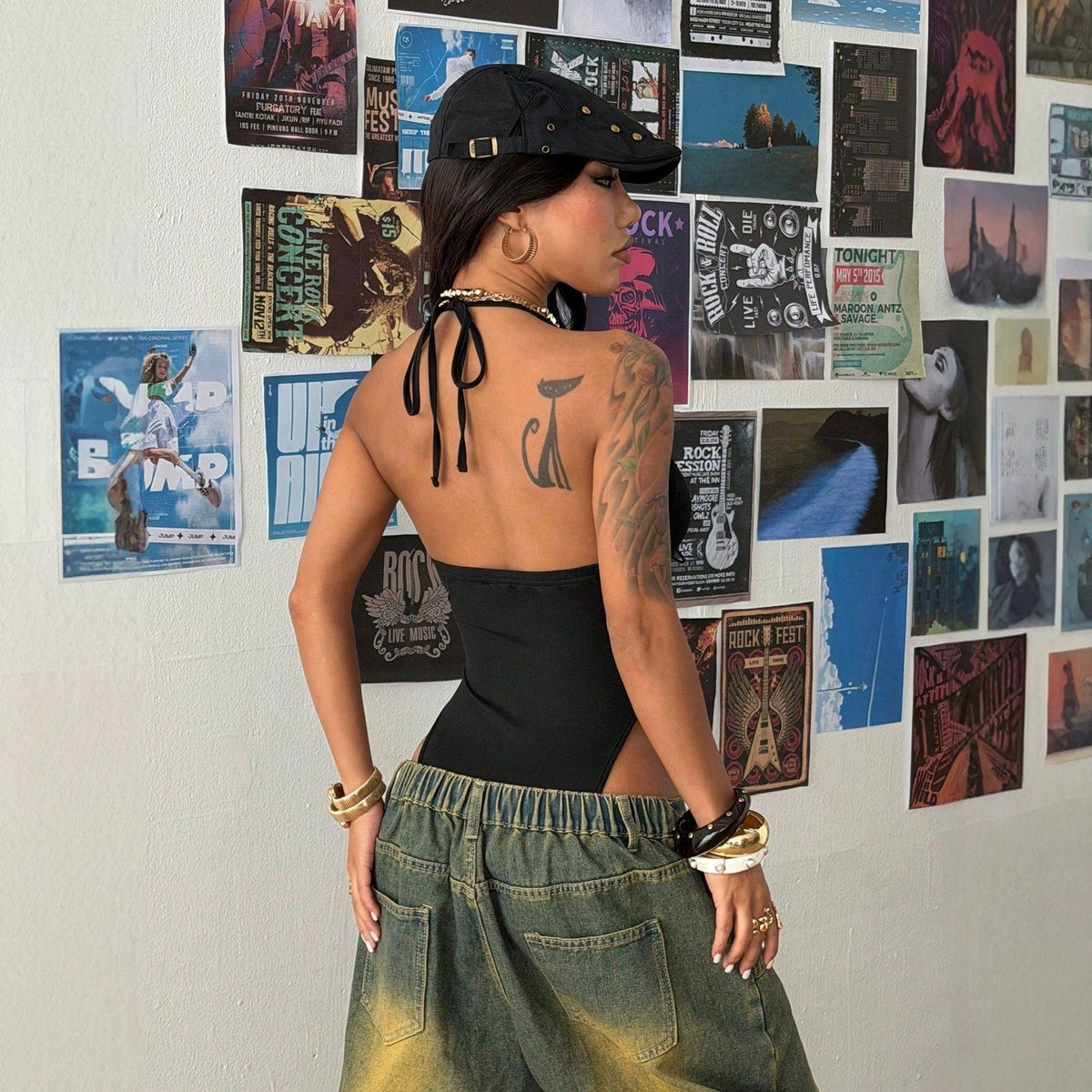 Y2K Deep V-Neck Lace-Up Halter Bodysuit Women