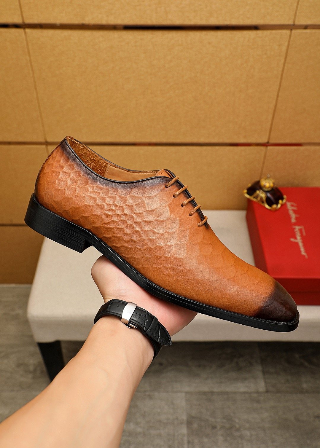 Ferragamo Embossed Lace-Up Dress Shoes